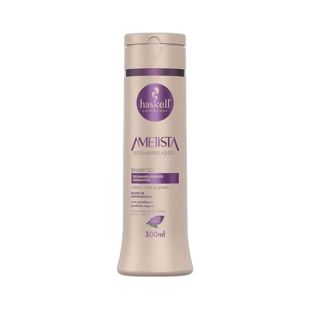 Shampoo Haskell Ametista 300ml embalagem bege perolada com rótulo roxo